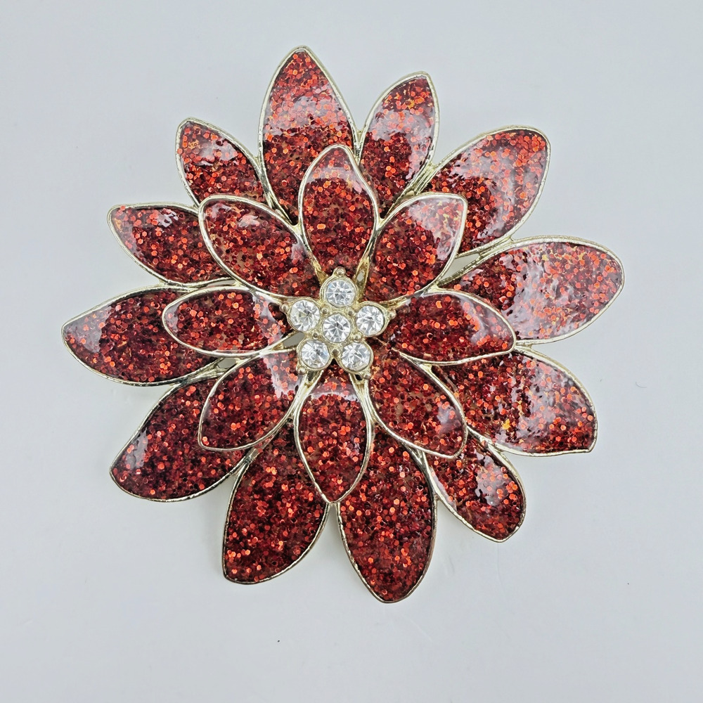 Macy’s Holiday Lane Glitter Enamel Red Poinsettia Flower Brooch Pin Christmas